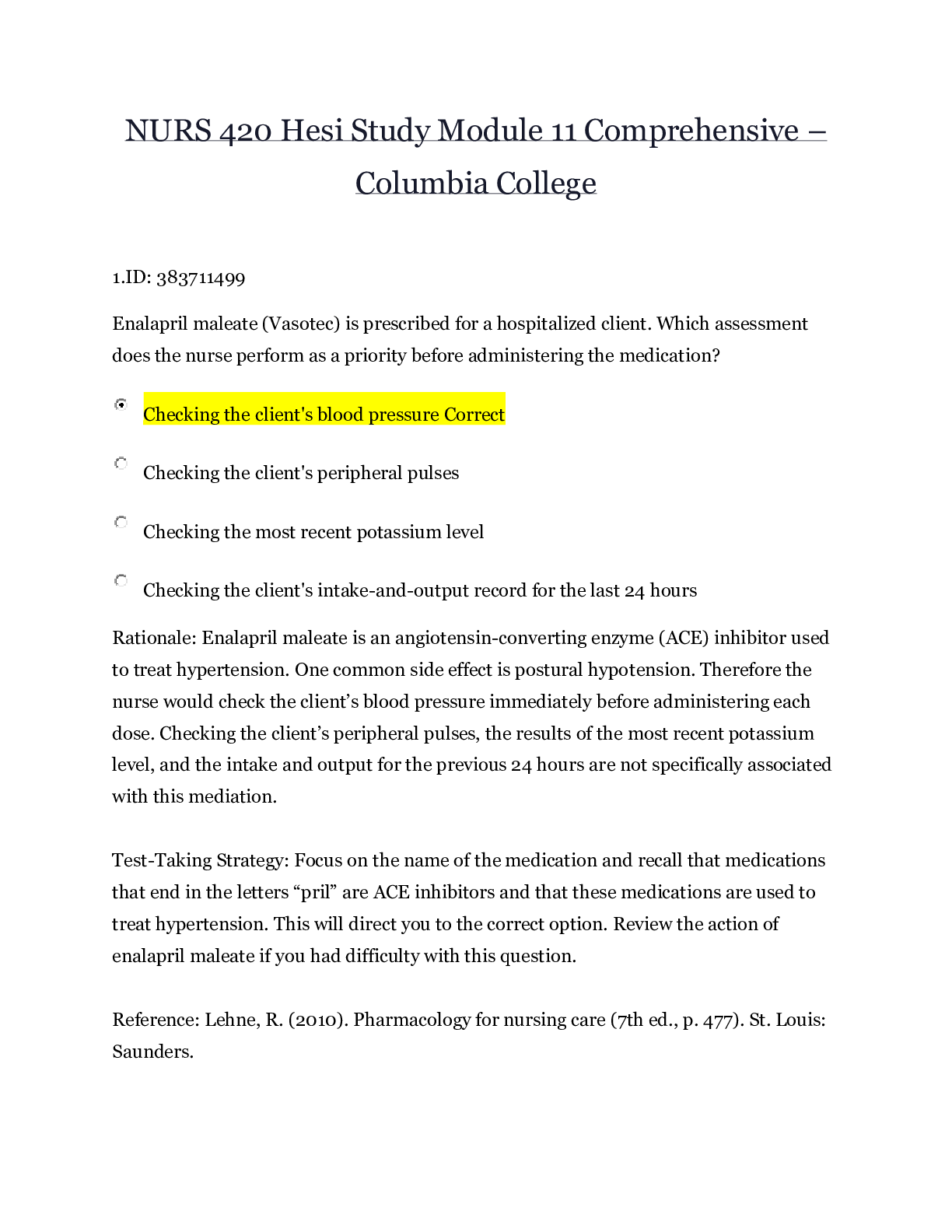 Preview of NURS 420 Hesi Study Module 11 Comprehensive – Columbia College | NURS420 Hesi Study Module